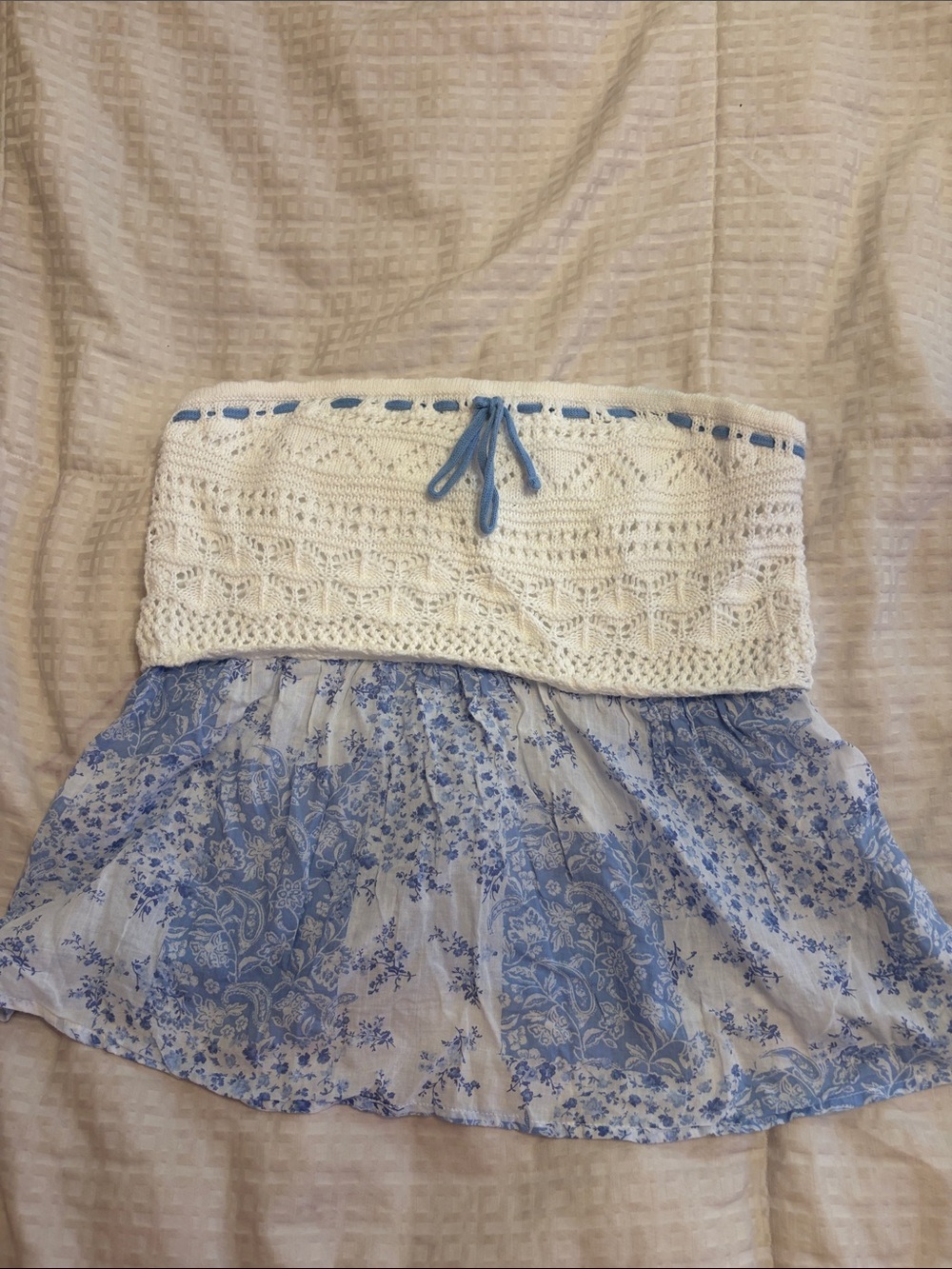 Hollister White Crochet & Light Blue Floral Strapless Tank